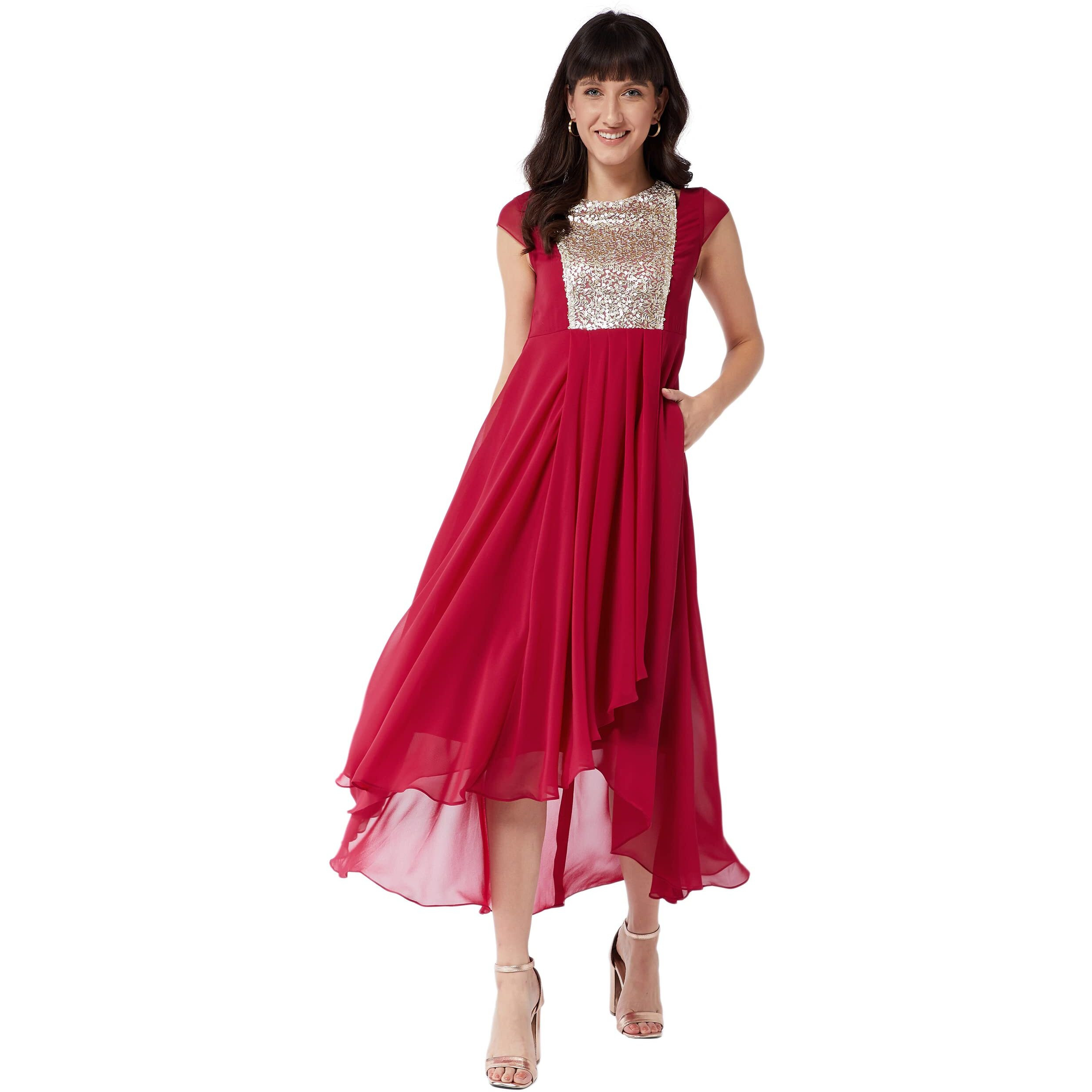 Miss Chase Women's Dark Pink Round Neck Cap Sleeve Solid Embellished Maxi Dress (Mcaw21D06-12-23-05,Dark Pink,L)