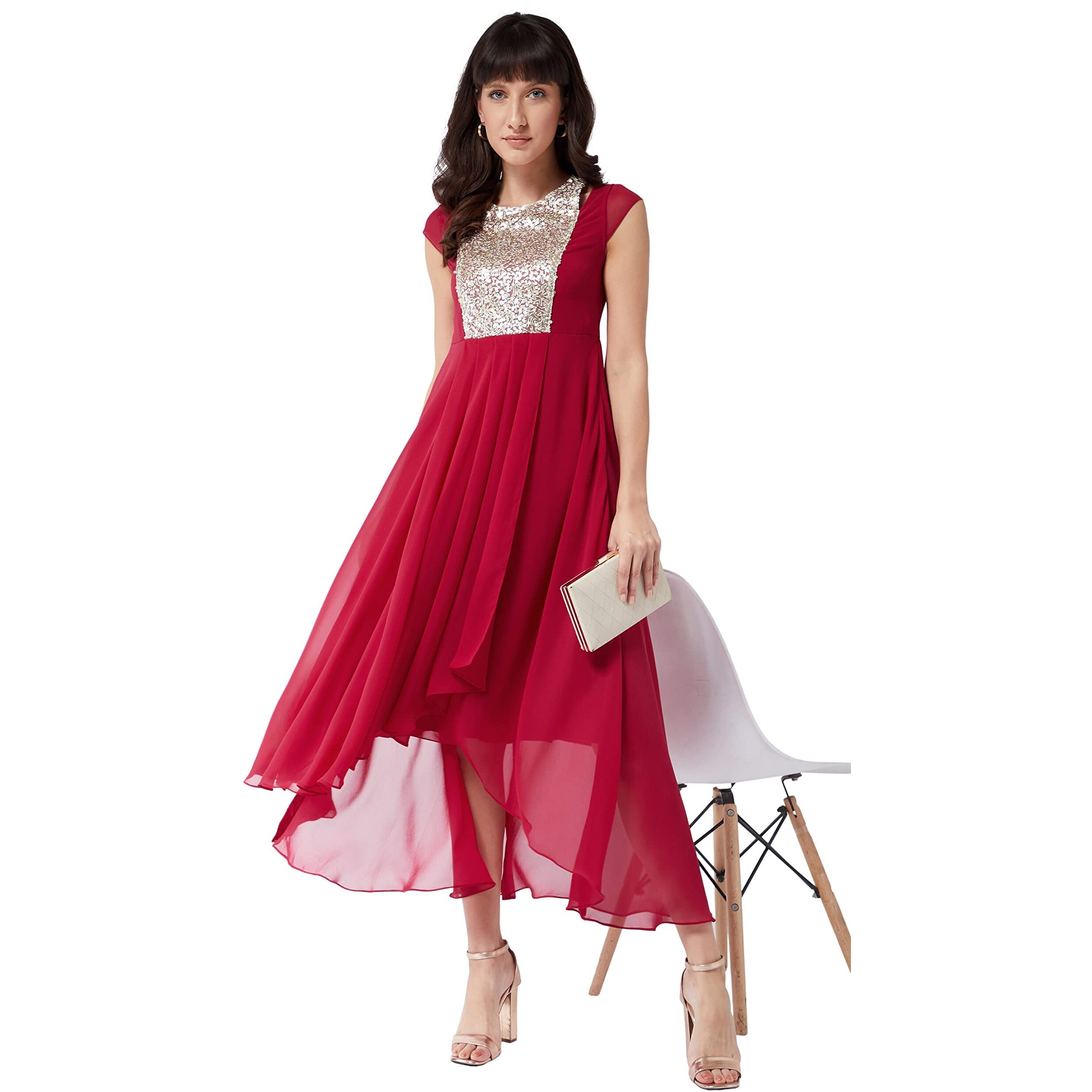 Miss Chase Women's Dark Pink Round Neck Cap Sleeve Solid Embellished Maxi Dress (Mcaw21D06-12-23-05,Dark Pink,L)