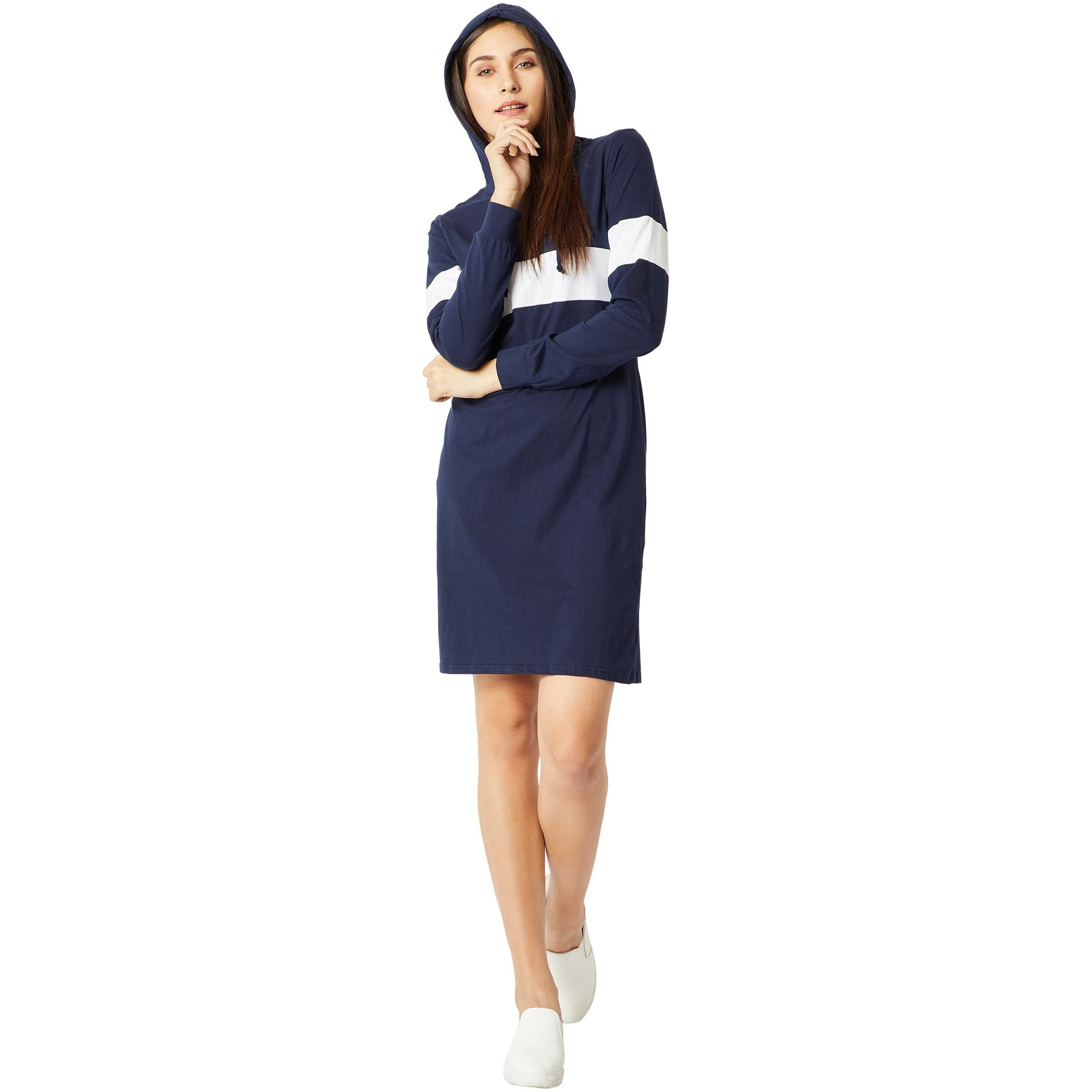 Miss Chase Women's Cotton A-Line Hooded T-Shirt Dress(Mcaw17D09-89-154-03,Navy Blue And White,Small)