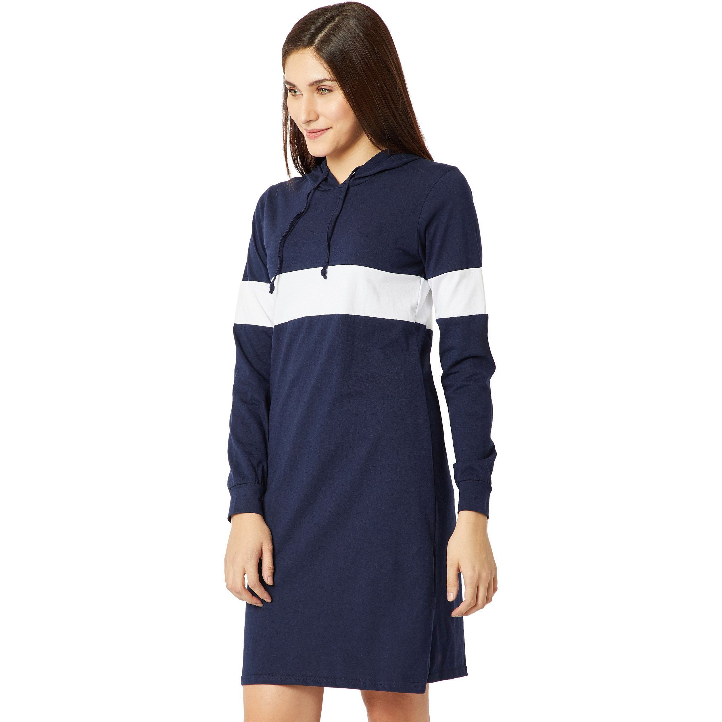 Miss Chase Women's Cotton A-Line Hooded T-Shirt Dress(Mcaw17D09-89-154-03,Navy Blue And White,Small)