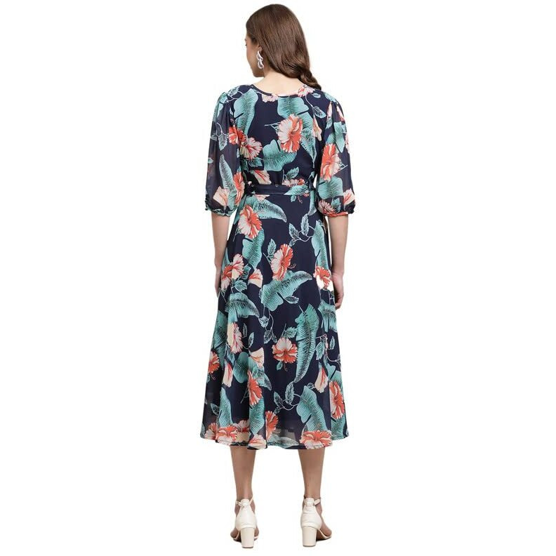 Preneum Women's Maxi Fit & Flare Latest Style Print Georgette Regular Sleeves Casual |Summer Festival & Occasion Maxi Gown,Navy Blue,L