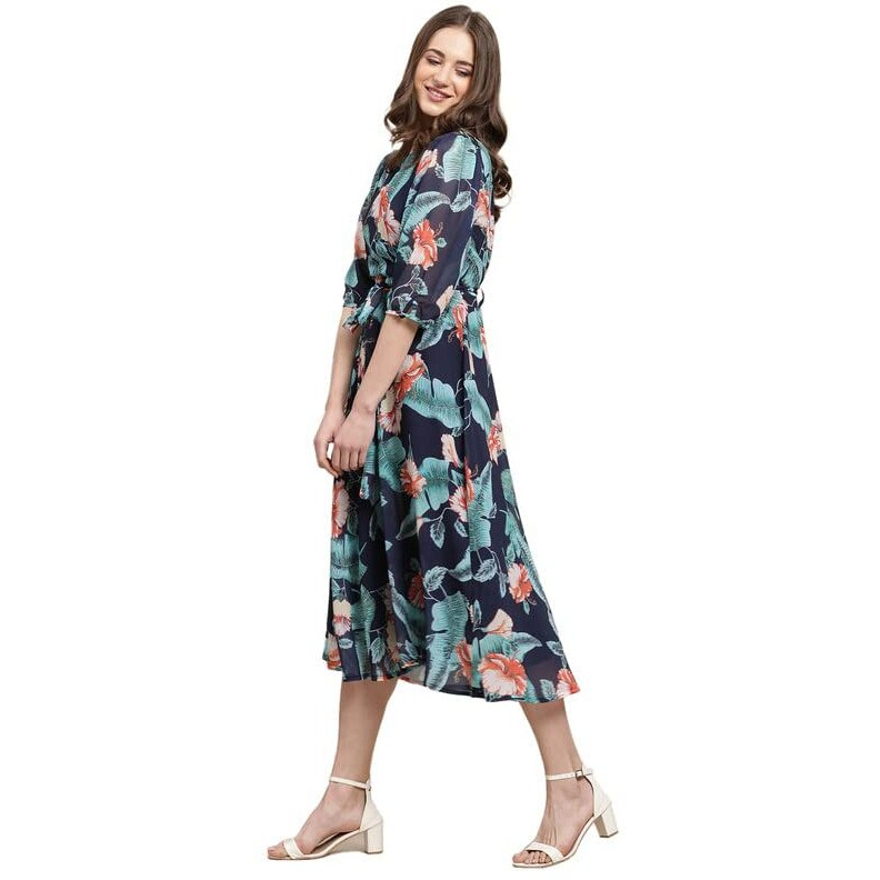 Preneum Women's Maxi Fit & Flare Latest Style Print Georgette Regular Sleeves Casual |Summer Festival & Occasion Maxi Gown,Navy Blue,L