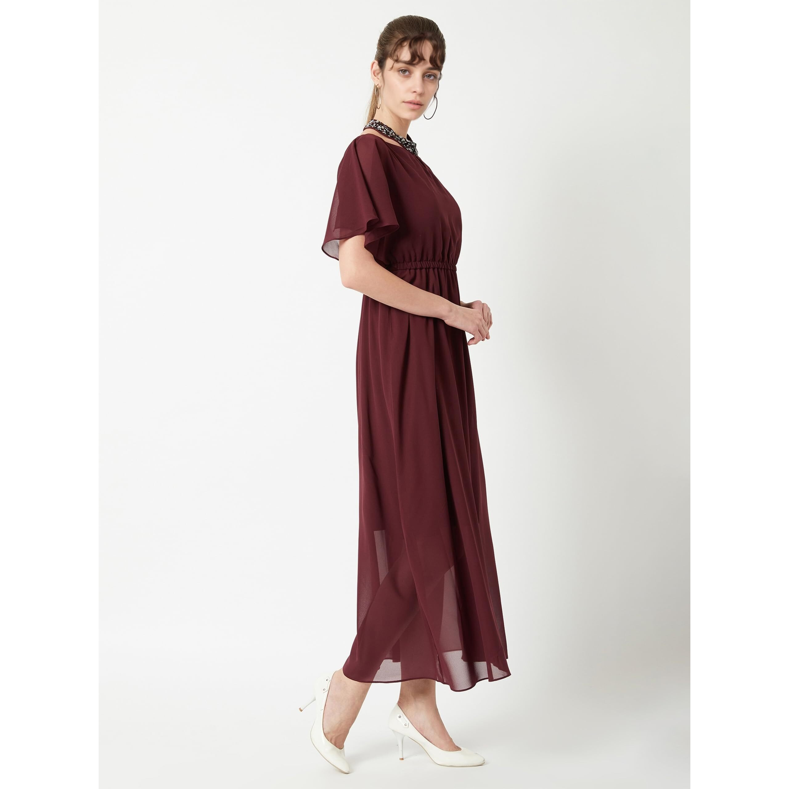 Miss Chase Women's Wine Red Flared Solid Embellished Gathered Maxi Dress(Mcss20D04-36-184-05,Wine Red,Large)