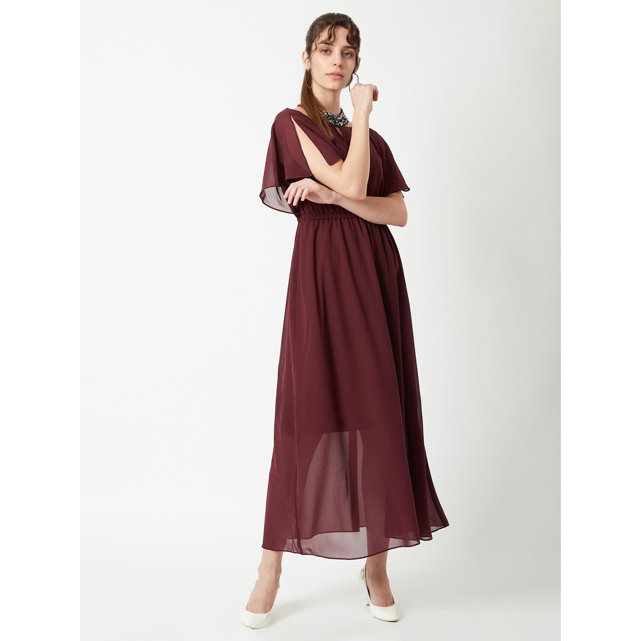 Miss Chase Women's Wine Red Flared Solid Embellished Gathered Maxi Dress(Mcss20D04-36-184-05,Wine Red,Large)