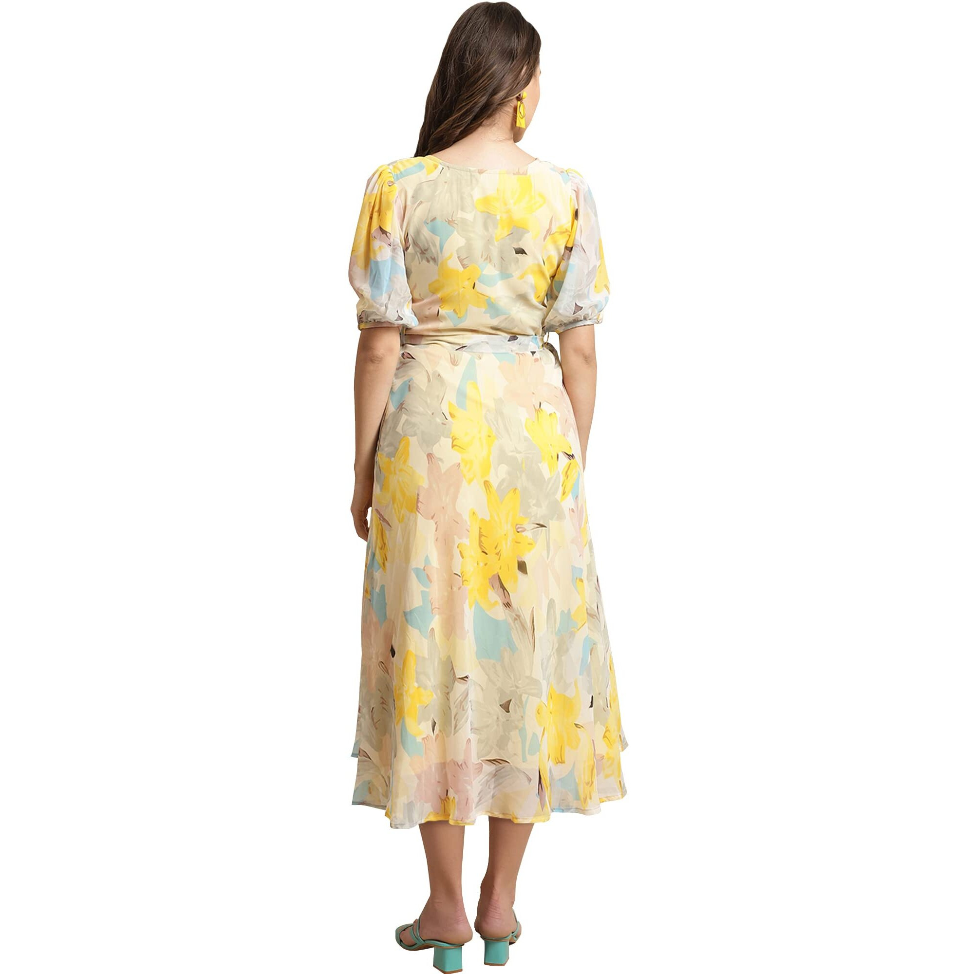 Preneum Women's Maxi Fit & Flare Print Georgette Regular Sleeves Casual |Long Gown For Women (In, Alpha, 2Xl, Plus, Light Yellow)