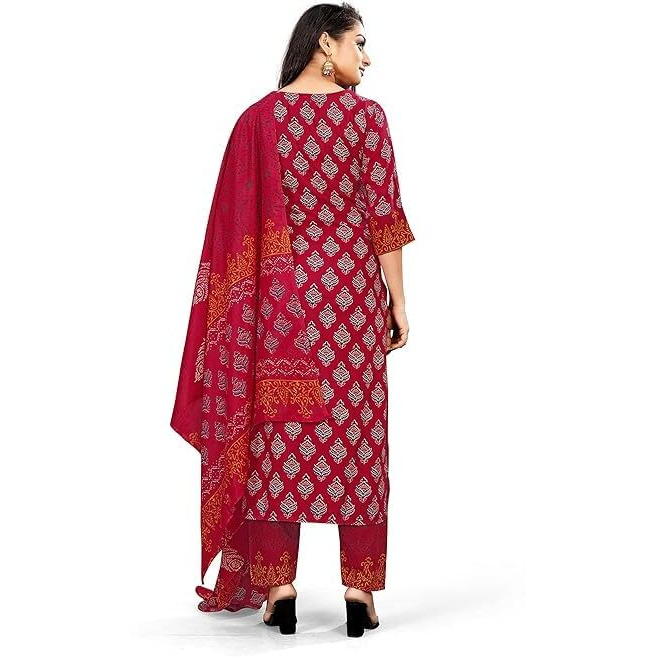 Nermosa Women Printed Kurta And Pant Set With Dupatta (In, Alpha, S, Maroon)