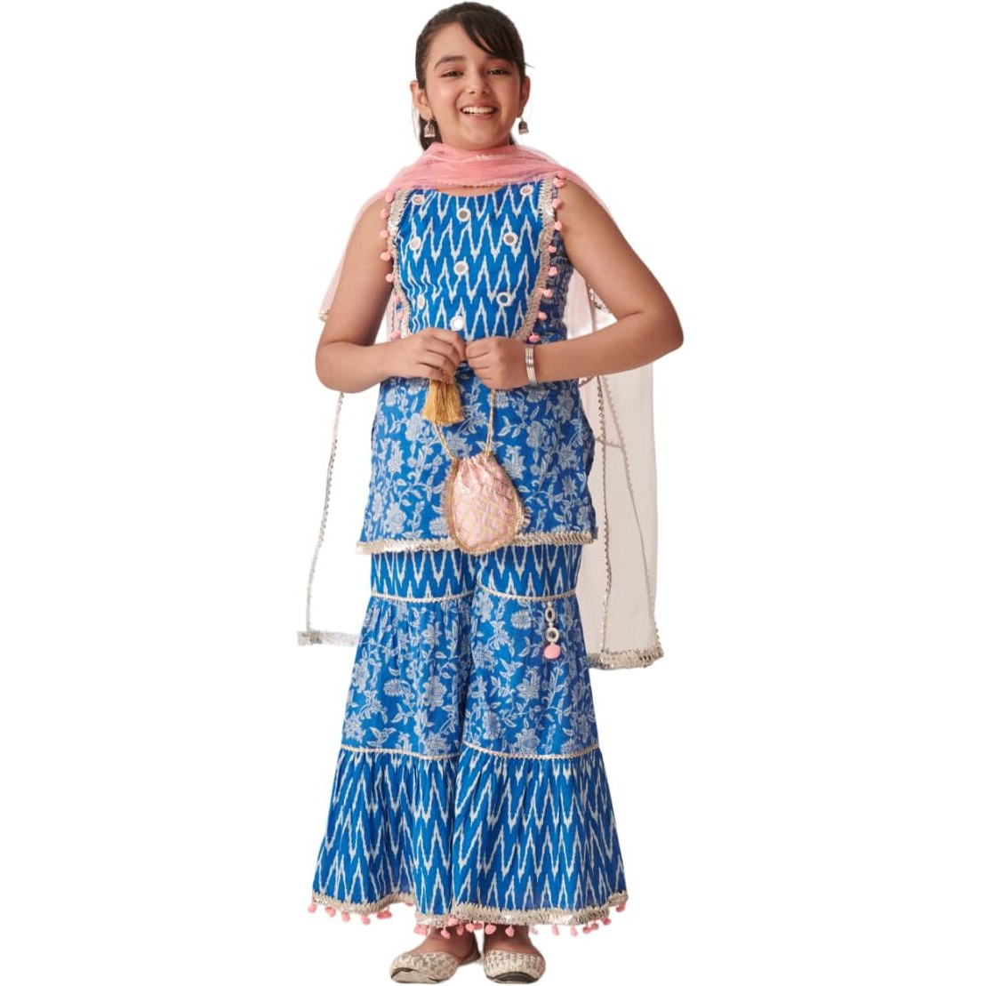 Pspeaches Girl's Cotton Sharara Set (Sha-Bluemirroryoke-5-6Y_Blue