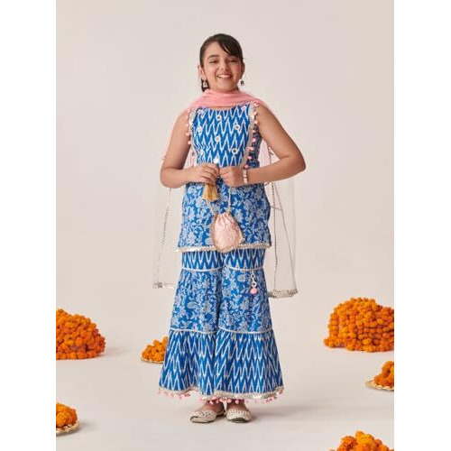 Pspeaches Girl's Cotton Sharara Set (Sha-Bluemirroryoke-5-6Y_Blue