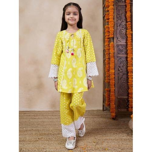 Pspeaches Girl's Cotton Regular Kurta Set (Ks-Yellowwidelace-6-7Y_Yellow