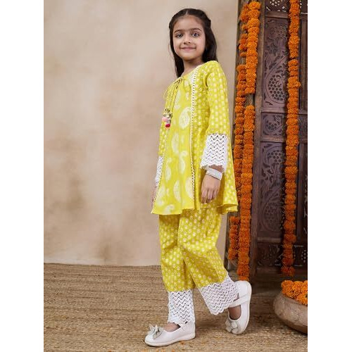Pspeaches Girl's Cotton Regular Kurta Set (Ks-Yellowwidelace-6-7Y_Yellow