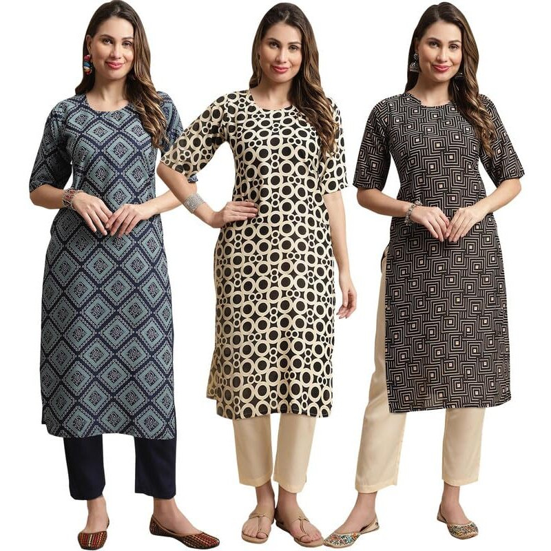 Pinkmint Straight Crepe Kurta & Pant For Women Ethnic Kurta Set For Women (Pack Of 3)