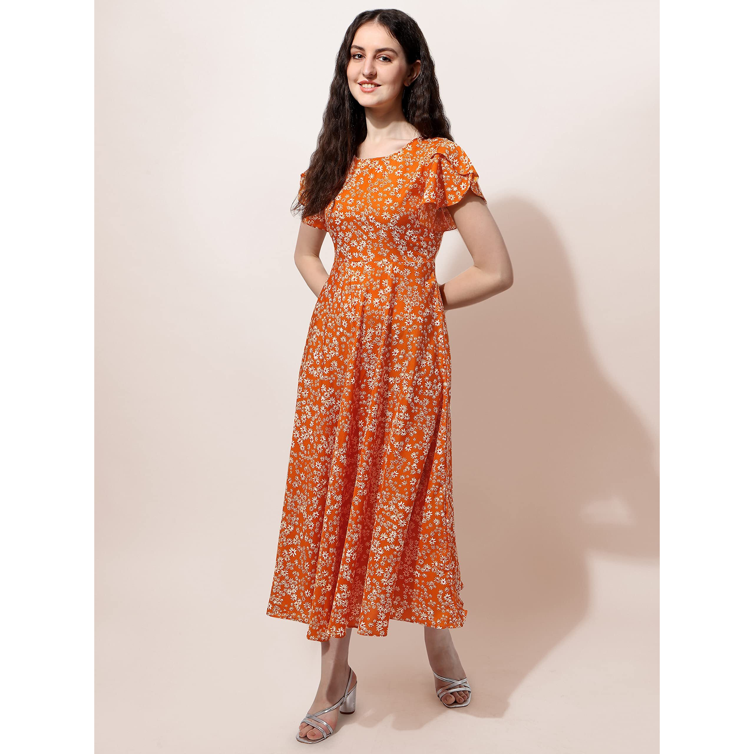 Oomph Dress For Women Stylish | One Piece For Women Long | Trendy Long One Piece Summer Outfit | Lightweight Flared Maxi Dress For Casual & Holiday Wear Orange