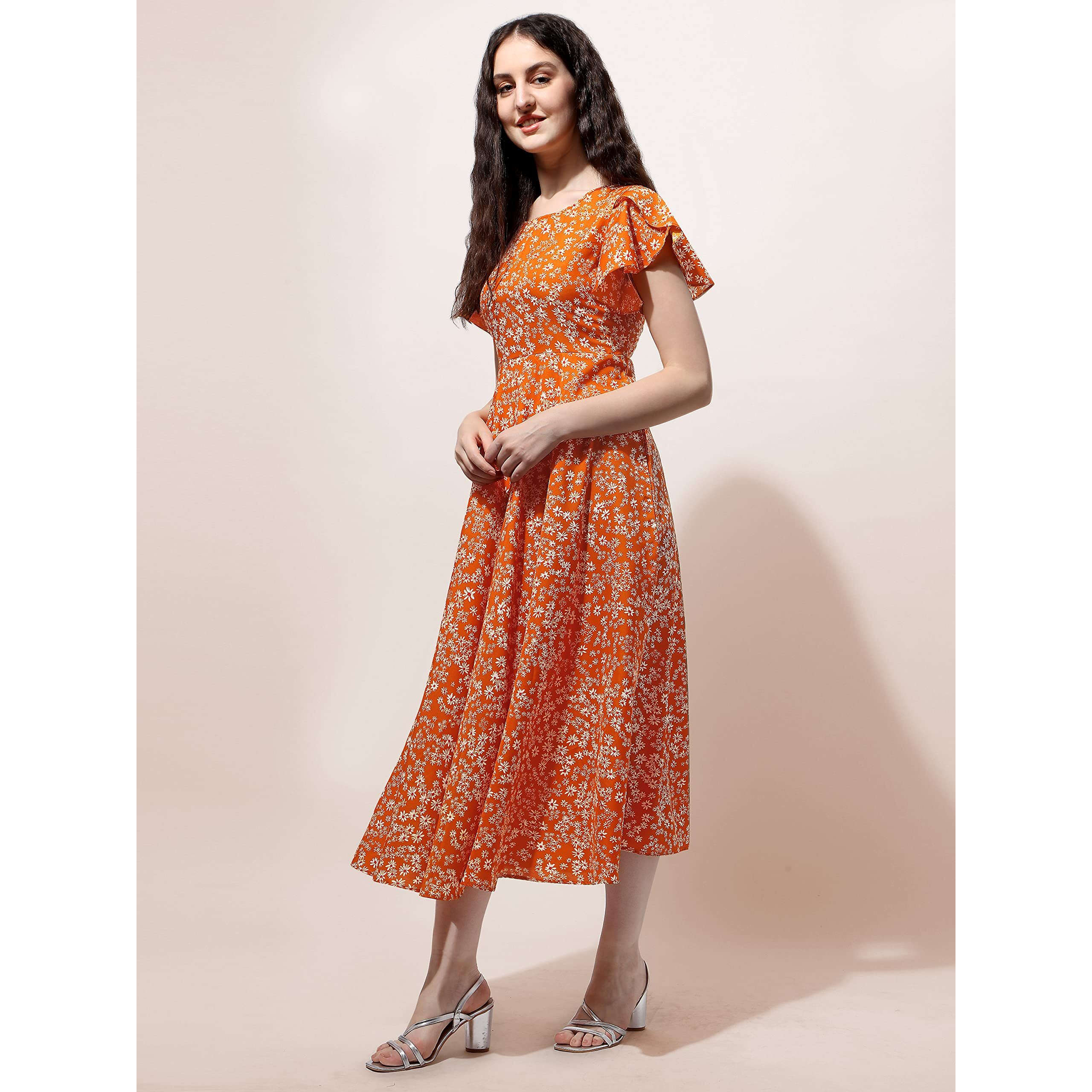 Oomph Dress For Women Stylish | One Piece For Women Long | Trendy Long One Piece Summer Outfit | Lightweight Flared Maxi Dress For Casual & Holiday Wear Orange
