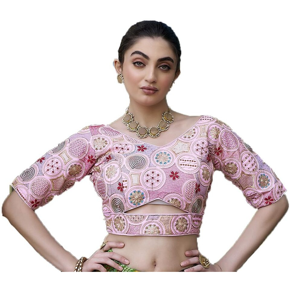 Pujia Mills Women's Blouse Readymade Blouse Embroidery Multi Coding Gold Thread Blouses Handwork Baby Pink Color Readymade Saree Blouse For Women For Saree And Lehenga Choli (A2420 Baby Pink 32)