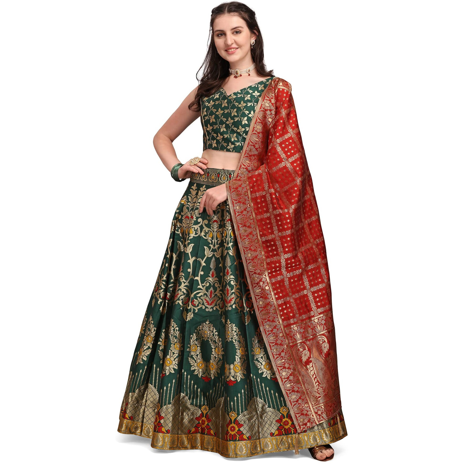Purvaja Women's Jacquard Semi-Stitched Lehenga Choli (Amayra-D-Green_Green_Free Size)