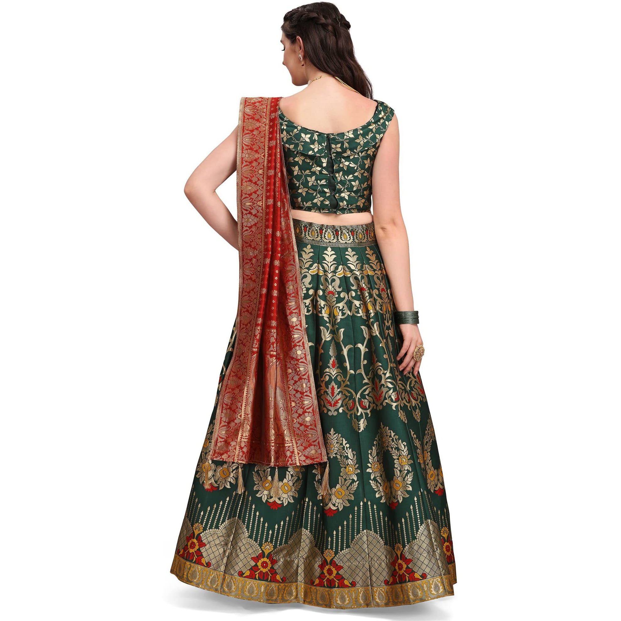 Purvaja Women's Jacquard Semi-Stitched Lehenga Choli (Amayra-D-Green_Green_Free Size)