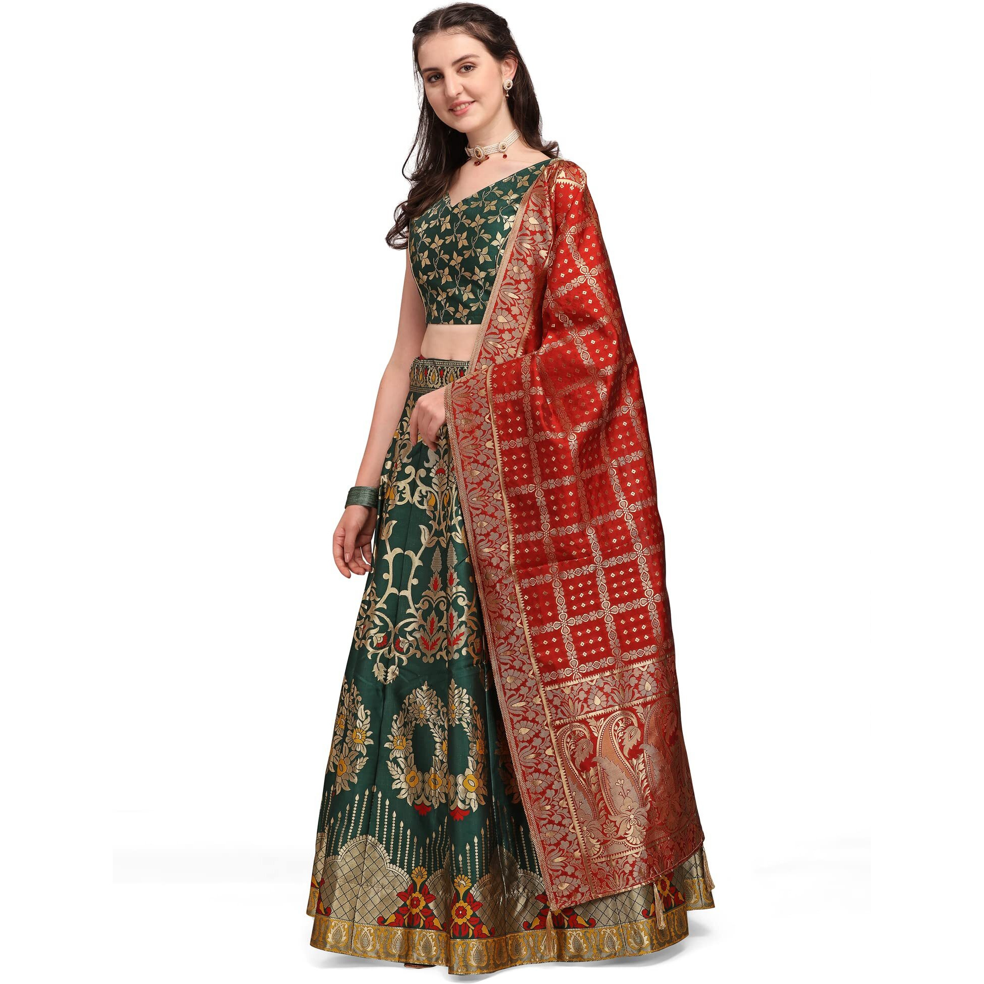 Purvaja Women's Jacquard Semi-Stitched Lehenga Choli (Amayra-D-Green_Green_Free Size)
