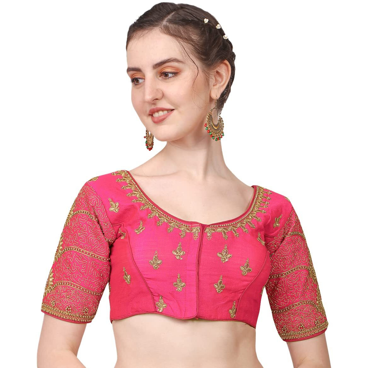 Pujia Mills Women's Silk Chevron Half Sleeve Blouse (Billa Gajri 38_Gajri_38)