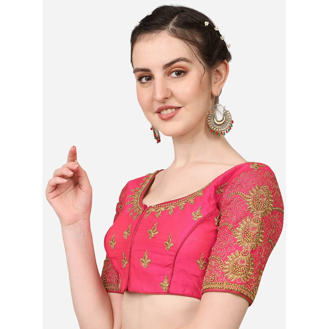 Pujia Mills Women's Silk Chevron Half Sleeve Blouse (Billa Gajri 38_Gajri_38)