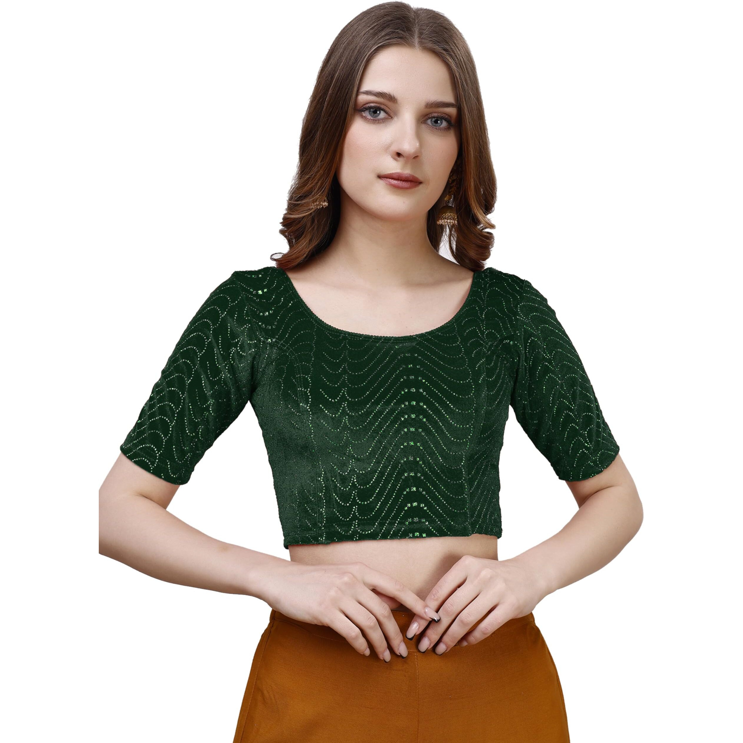 Pujia Mills Women's Readymade Hosiery Velvet Lycra Stretchable Round Neck Half Sleeve Blouse With Jari Work Fancy Green Color Lycra Stretchable Blouse For Women Readymade Saree Blouse