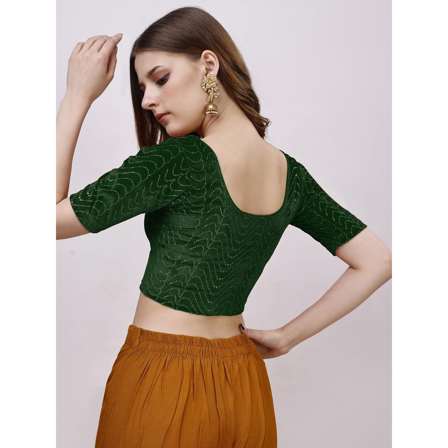 Pujia Mills Women's Readymade Hosiery Velvet Lycra Stretchable Round Neck Half Sleeve Blouse With Jari Work Fancy Green Color Lycra Stretchable Blouse For Women Readymade Saree Blouse