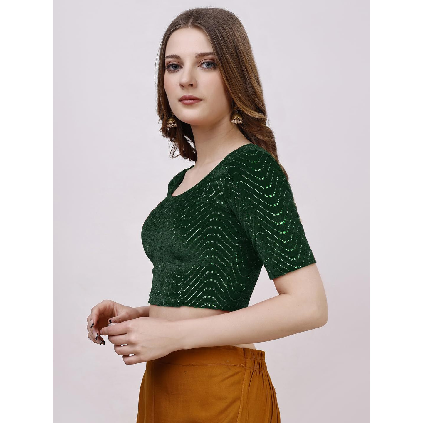 Pujia Mills Women's Readymade Hosiery Velvet Lycra Stretchable Round Neck Half Sleeve Blouse With Jari Work Fancy Green Color Lycra Stretchable Blouse For Women Readymade Saree Blouse