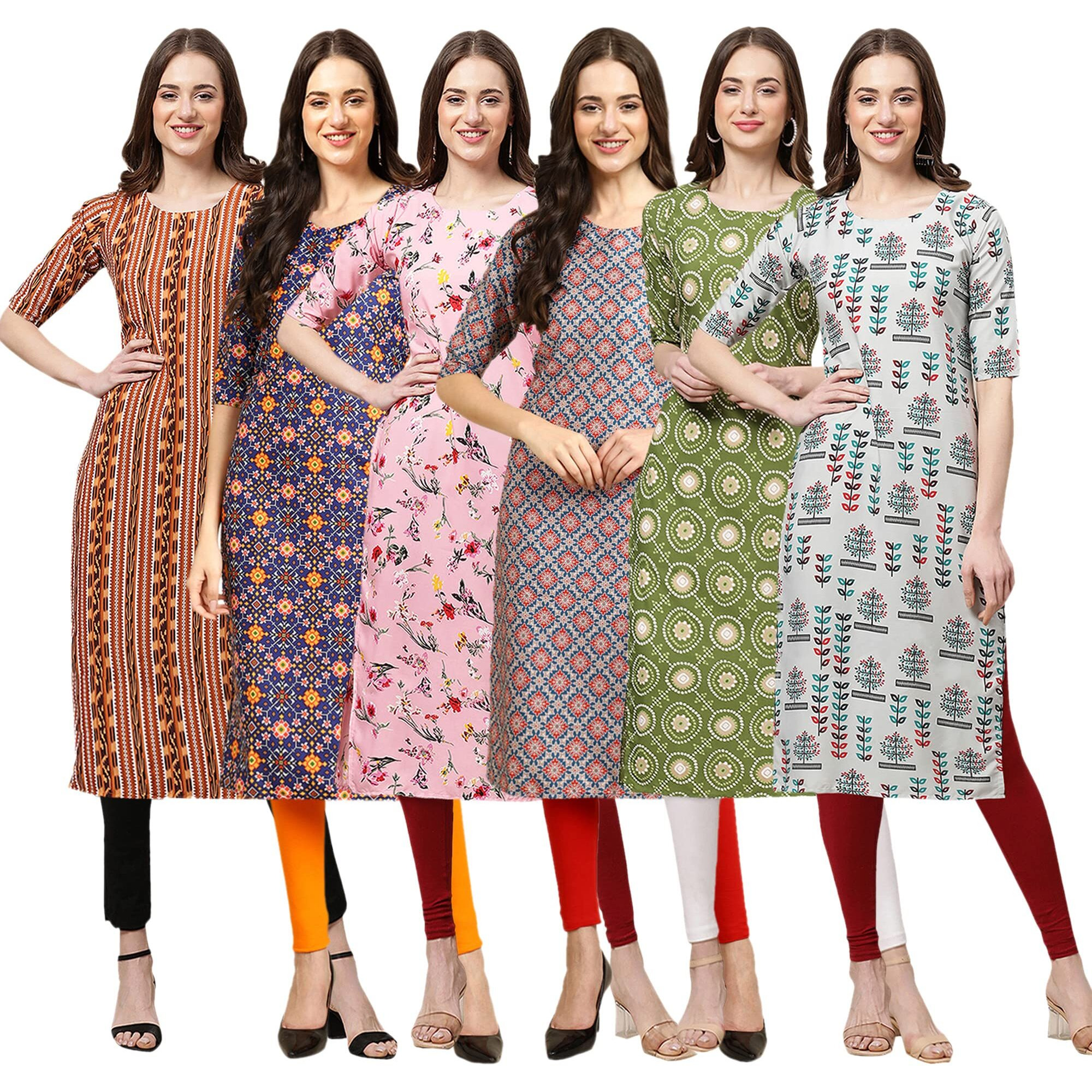 Pinkmint Women's Crepe Digital Print Straight Kurta(Pack Of 6)[Qv-344-369-339-372-338-340-L]