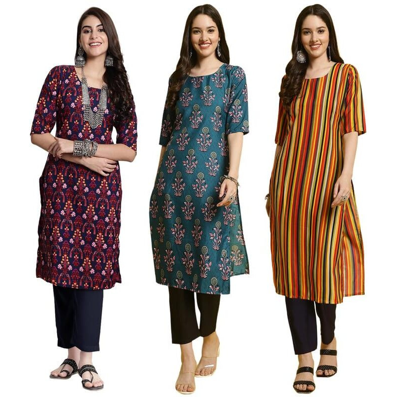Pinkmint Women's Crepe Printed Kurta And Pant Set (Pack Of 3)