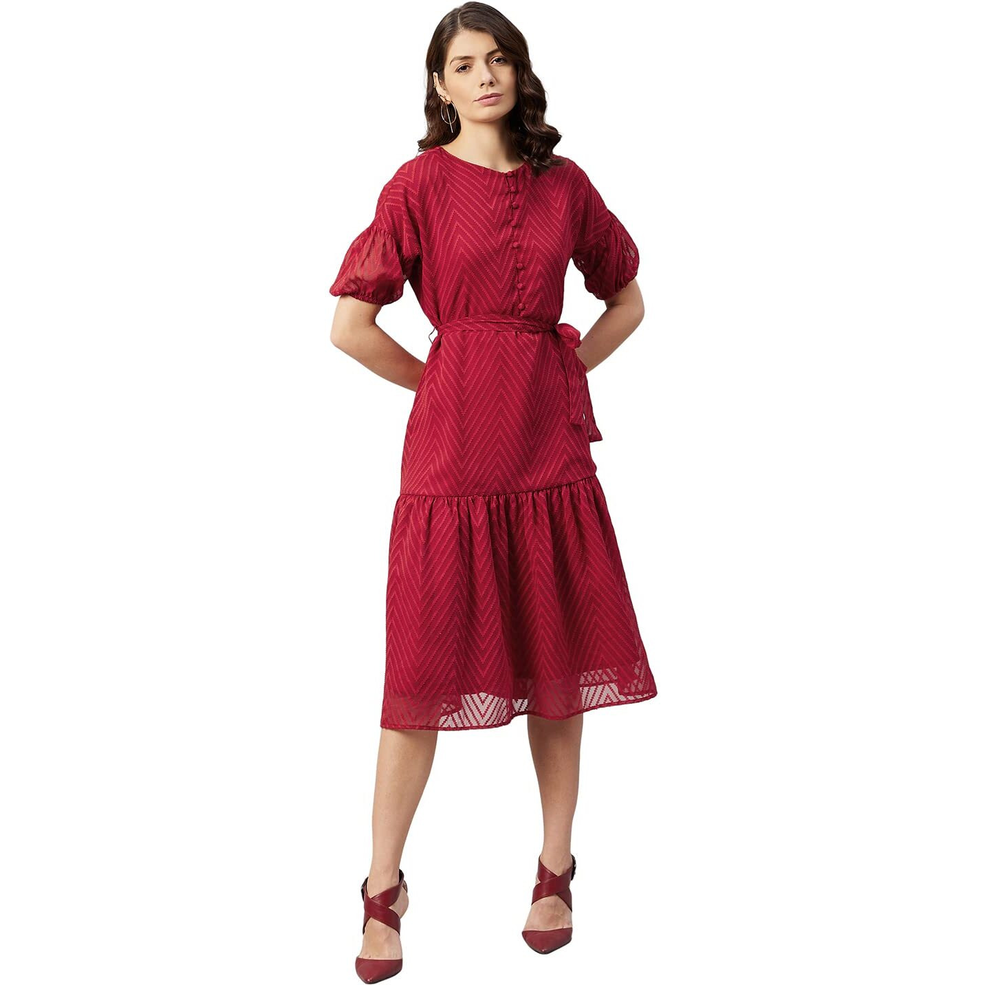 Rare Women's Georgette Fit And Flare Midi Dress (Ep31080_Maroon_Xl)