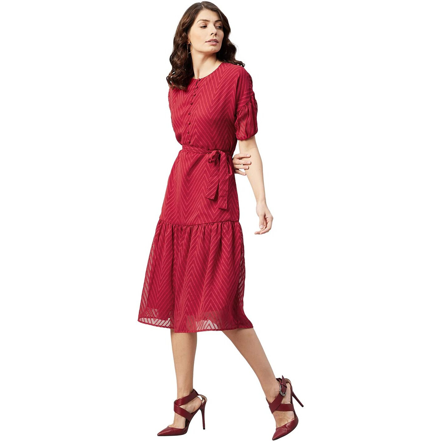 Rare Women's Georgette Fit And Flare Midi Dress (Ep31080_Maroon_Xl)