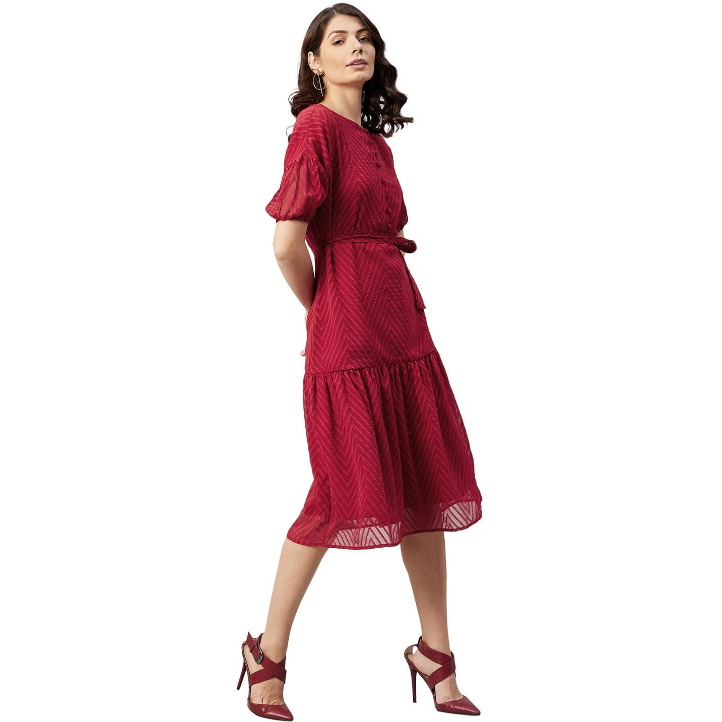 Rare Women's Georgette Fit And Flare Midi Dress (Ep31080_Maroon_Xl)