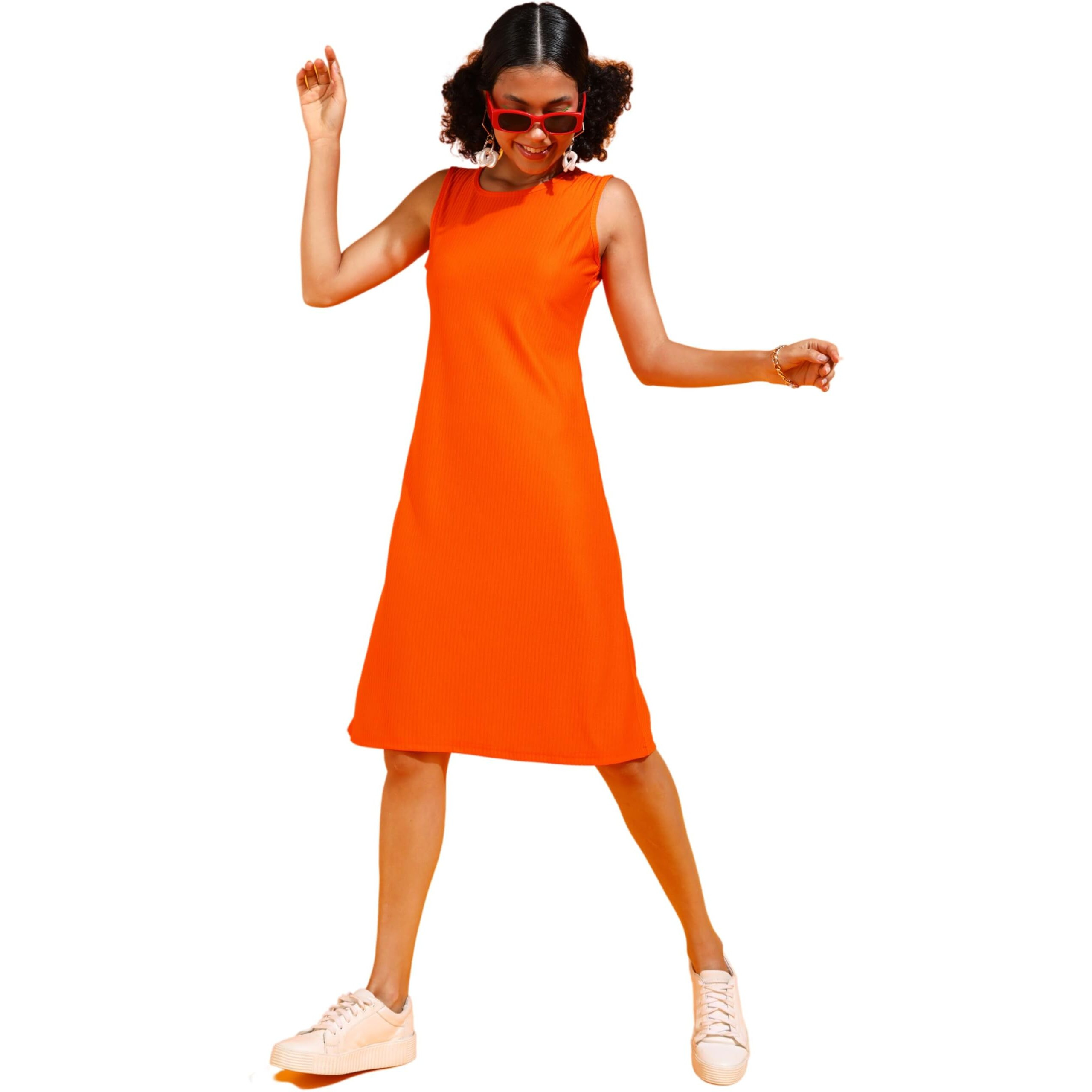 Popwings Women Casual Orange Rib Knee Length A-Line Dress Dress For Women | Stylish Dress For Women