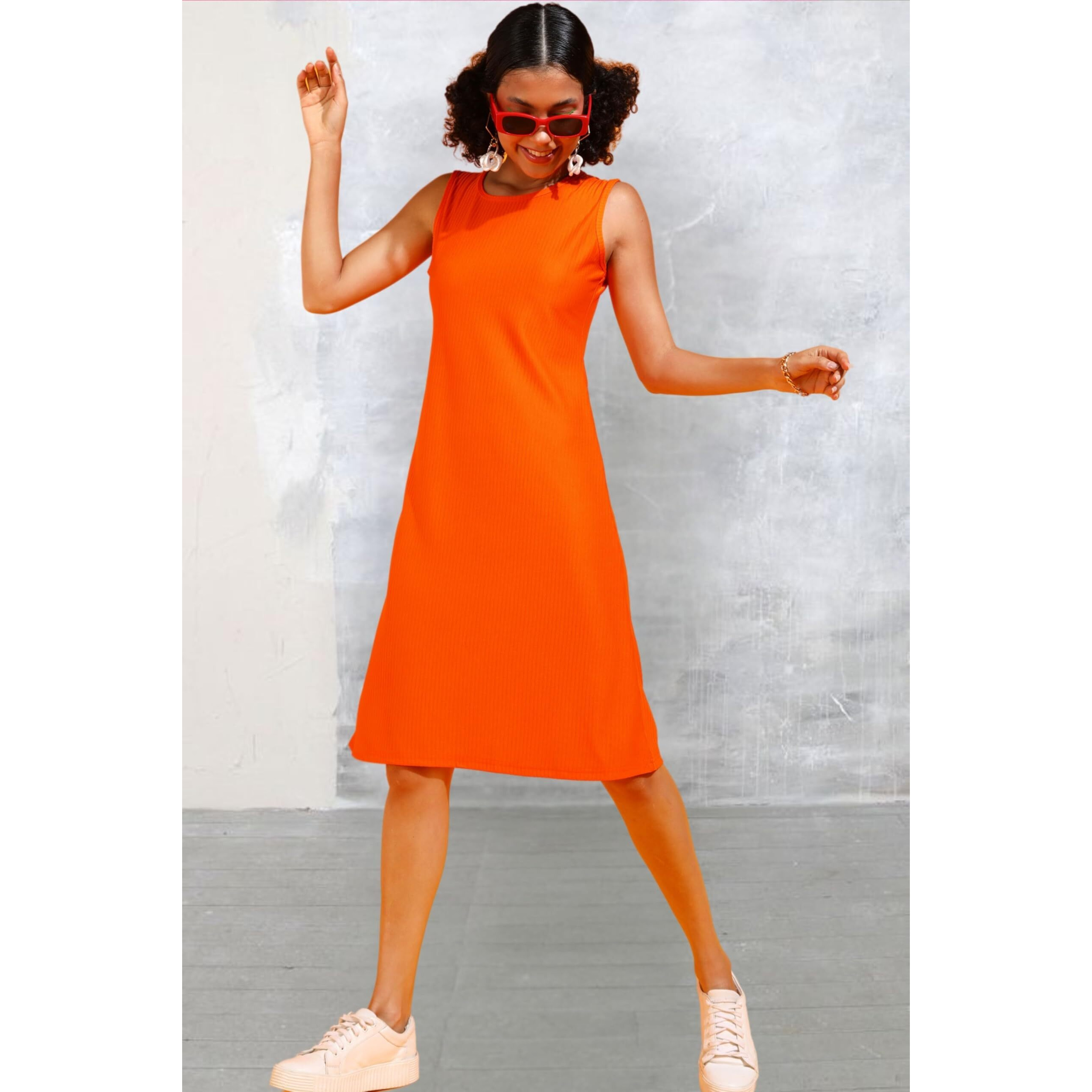 Popwings Women Casual Orange Rib Knee Length A-Line Dress Dress For Women | Stylish Dress For Women