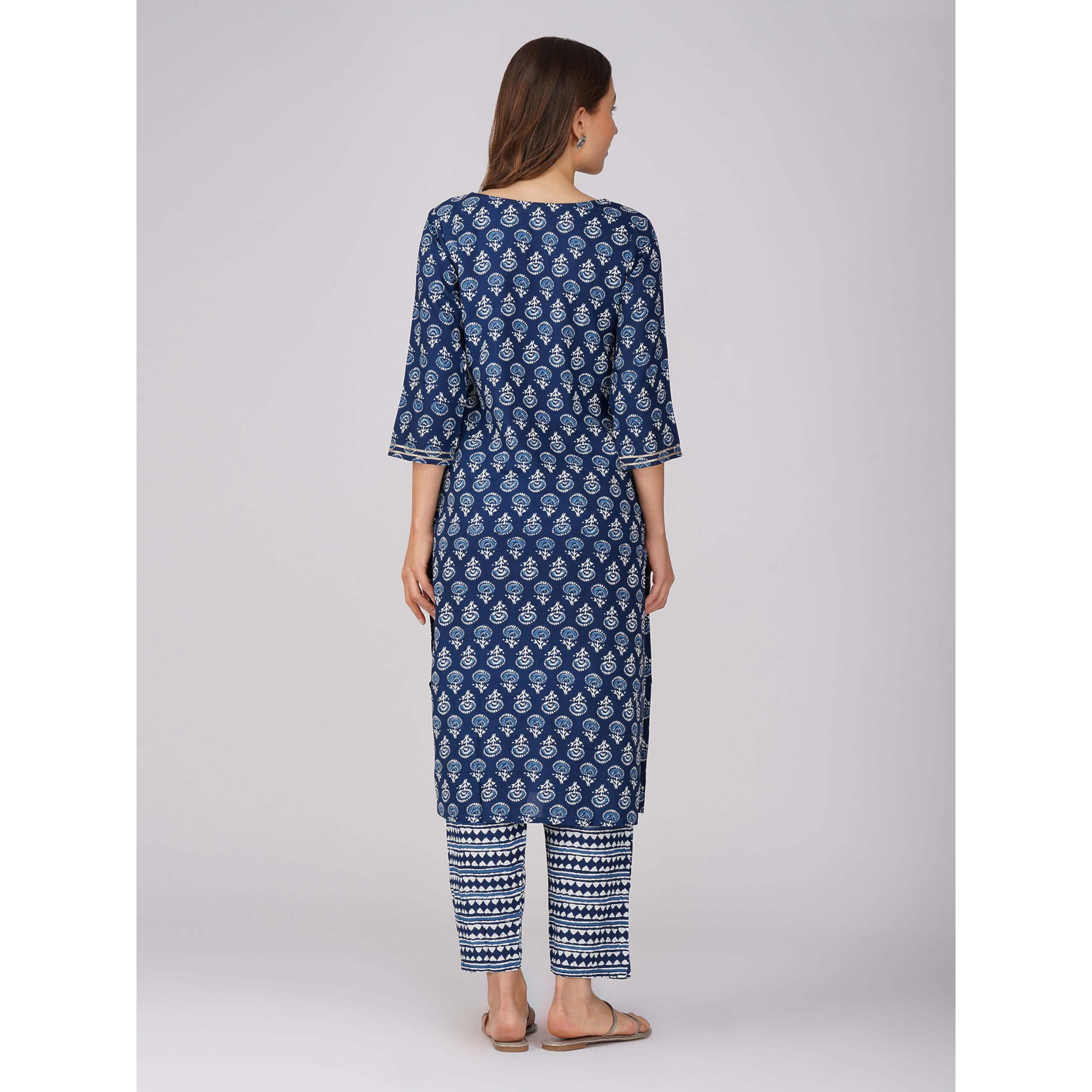 Rytras Women's Printed Straight Kurta With Pant And Dupatta(Ryt219,Navy Blue,M)