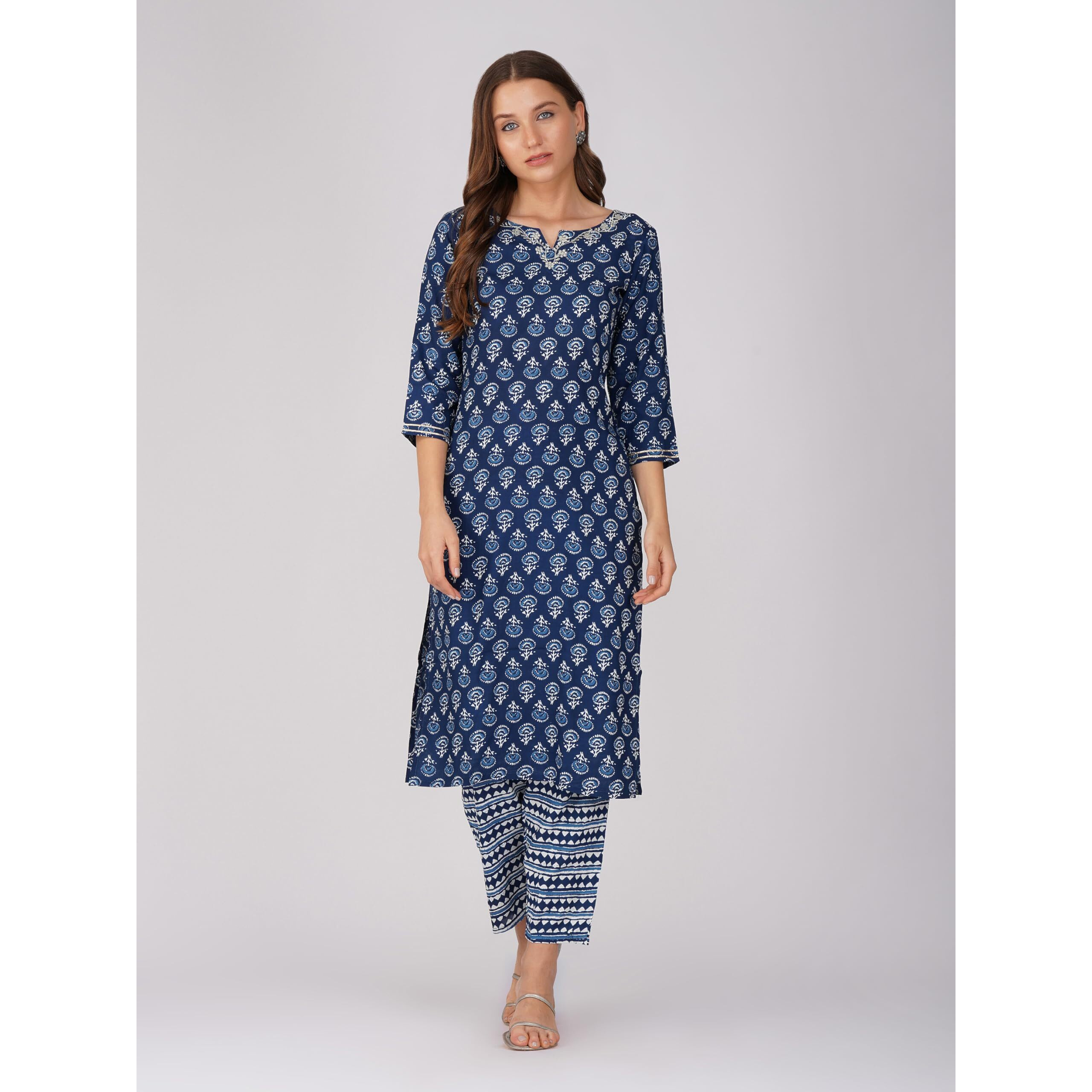 Rytras Women's Printed Straight Kurta With Pant And Dupatta(Ryt219,Navy Blue,M)