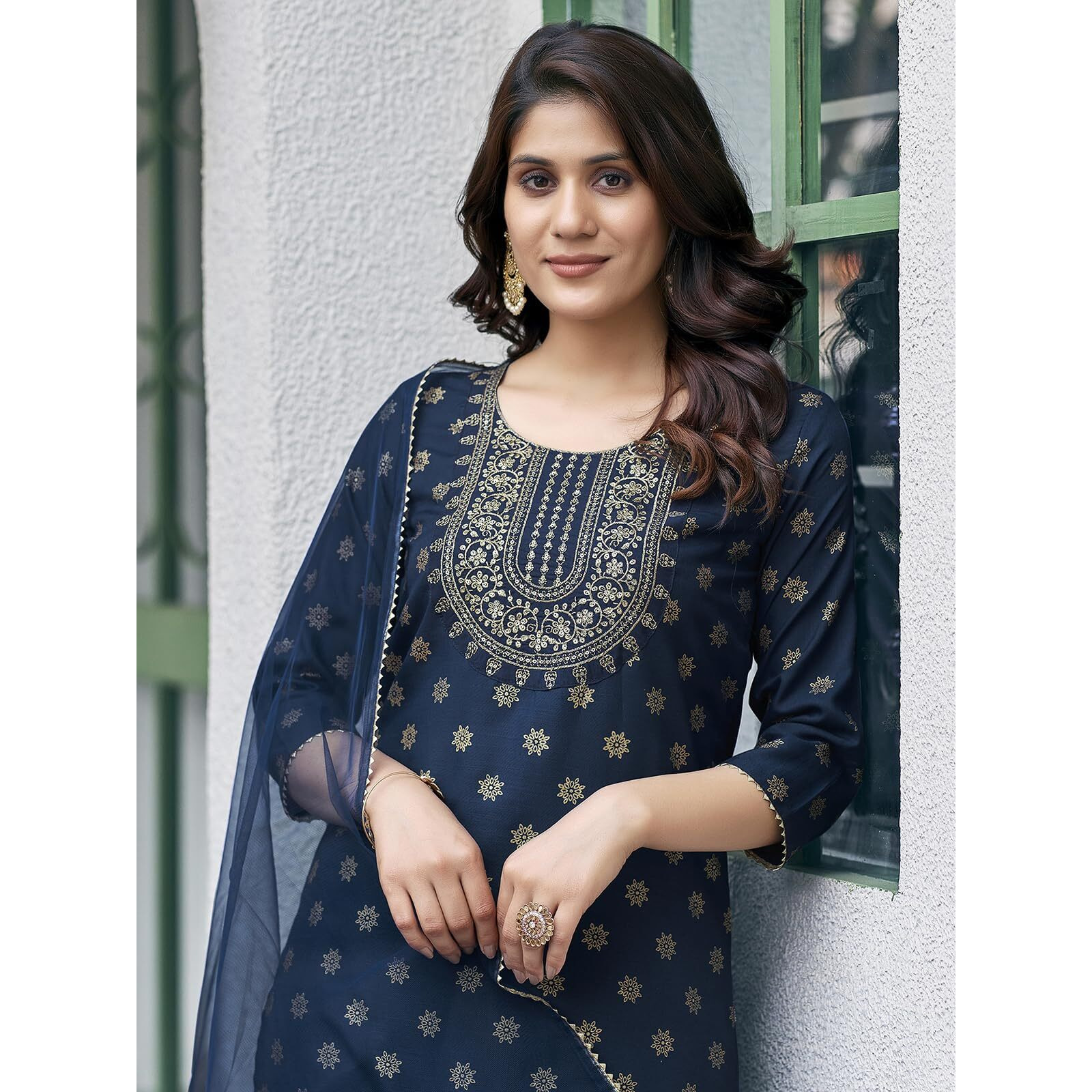 Sanisa Women's Cotton Blend Embroidery & Foil Printed Straight Kurta With Pant And Gota Lace Work Dupatta (137Kbd1475Nz-Xl_Dark Blue)