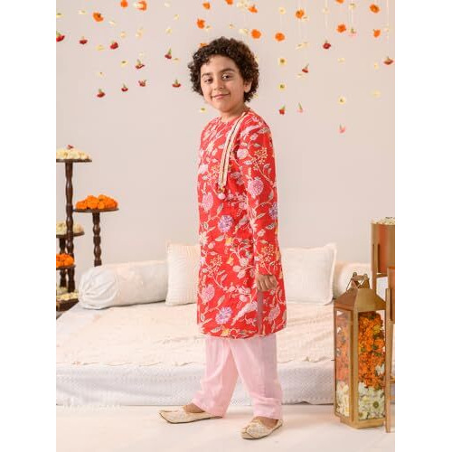 Pspeaches Boys Floral Printed Gotta Patti Pure Cotton Kurta With Pyjamas