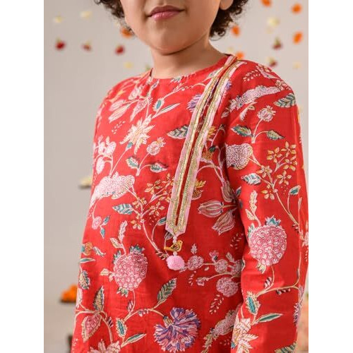 Pspeaches Boys Floral Printed Gotta Patti Pure Cotton Kurta With Pyjamas