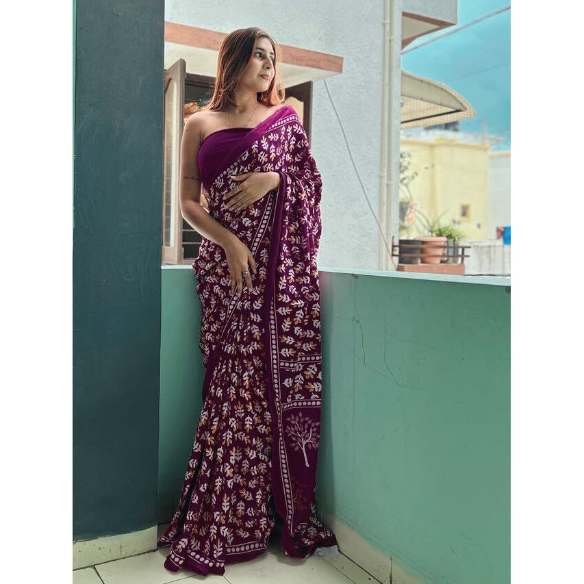 Satrani Women's Poly Cotton Printed Saree With Unstitched Blouse Piece (3325S286N_Purple4)