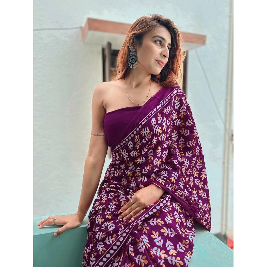 Satrani Women's Poly Cotton Printed Saree With Unstitched Blouse Piece (3325S286N_Purple4)