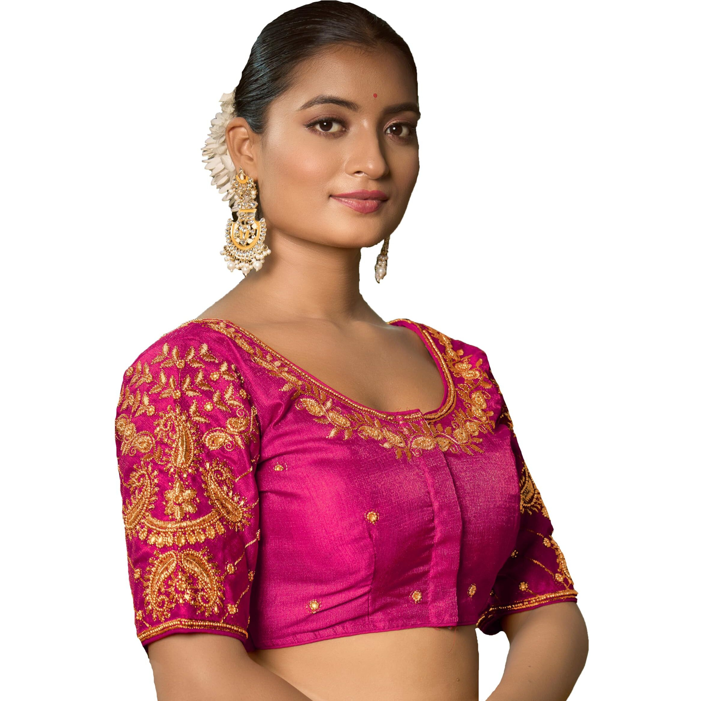 Pujia Mills Women's Readymade Blouse Embroidery Multi Coding Maggam Work Sequence Work Indian Ethnic Designer Stitched Readymade Saree Half Sleeve Pink Blouse For Women For Saree Lehenga Choli
