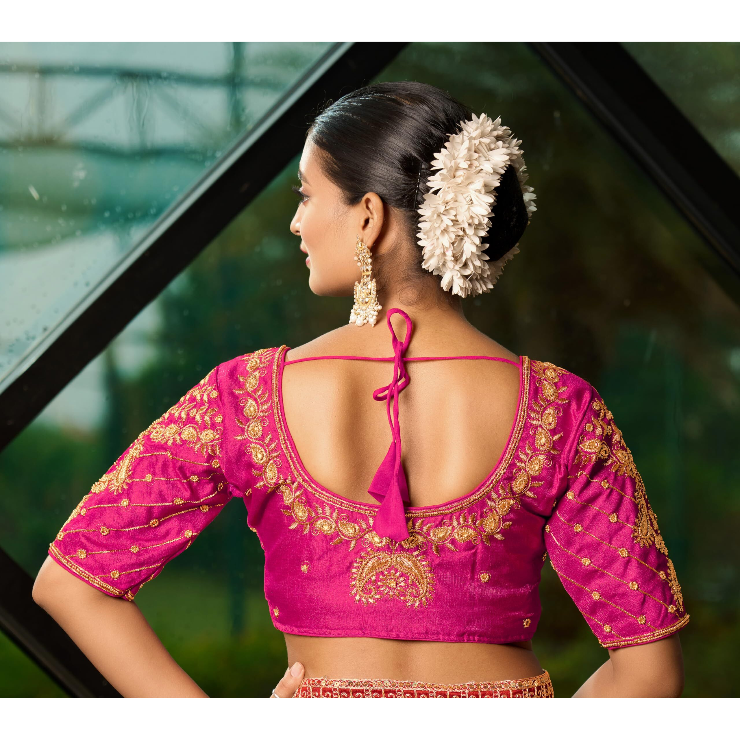 Pujia Mills Women's Readymade Blouse Embroidery Multi Coding Maggam Work Sequence Work Indian Ethnic Designer Stitched Readymade Saree Half Sleeve Pink Blouse For Women For Saree Lehenga Choli