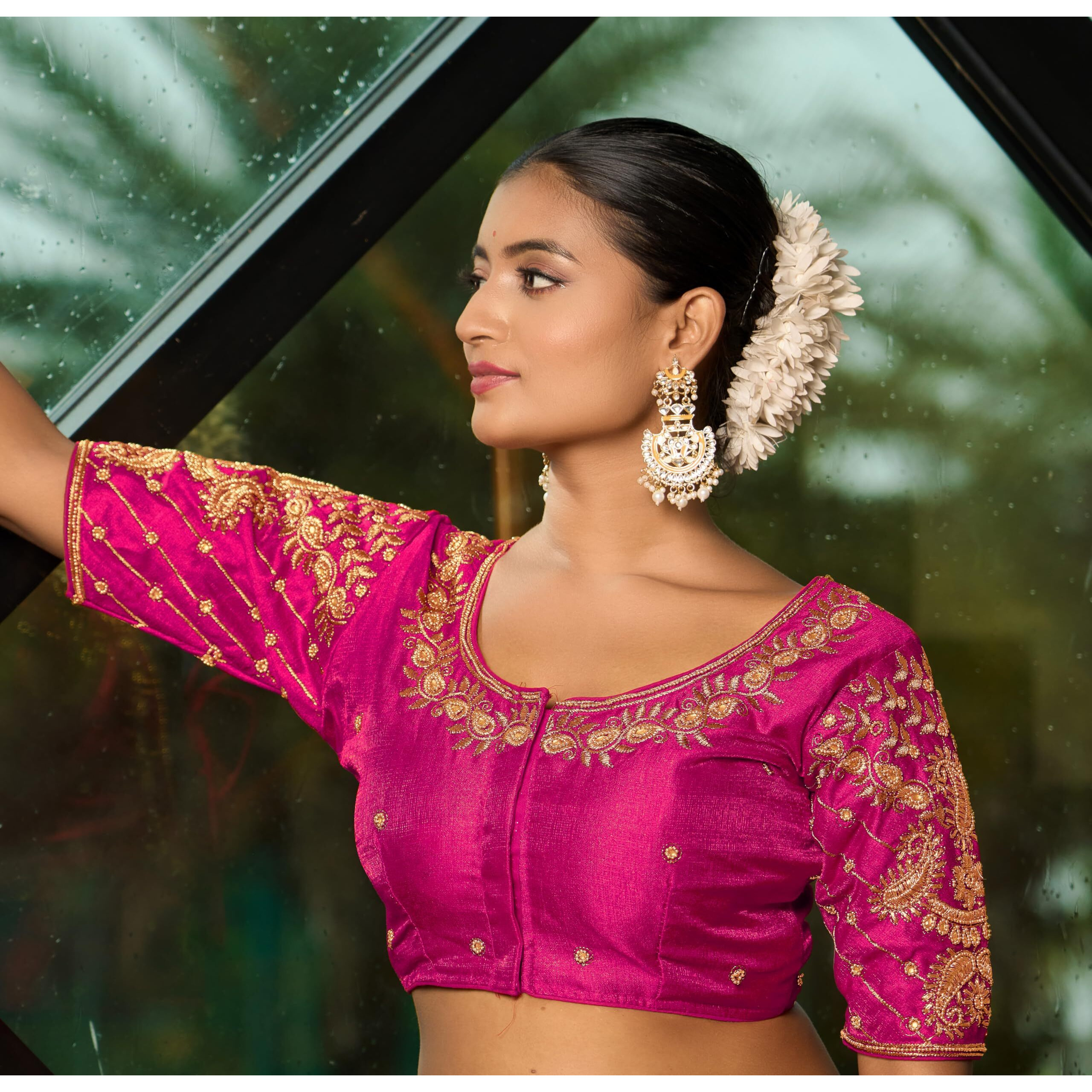 Pujia Mills Women's Readymade Blouse Embroidery Multi Coding Maggam Work Sequence Work Indian Ethnic Designer Stitched Readymade Saree Half Sleeve Pink Blouse For Women For Saree Lehenga Choli