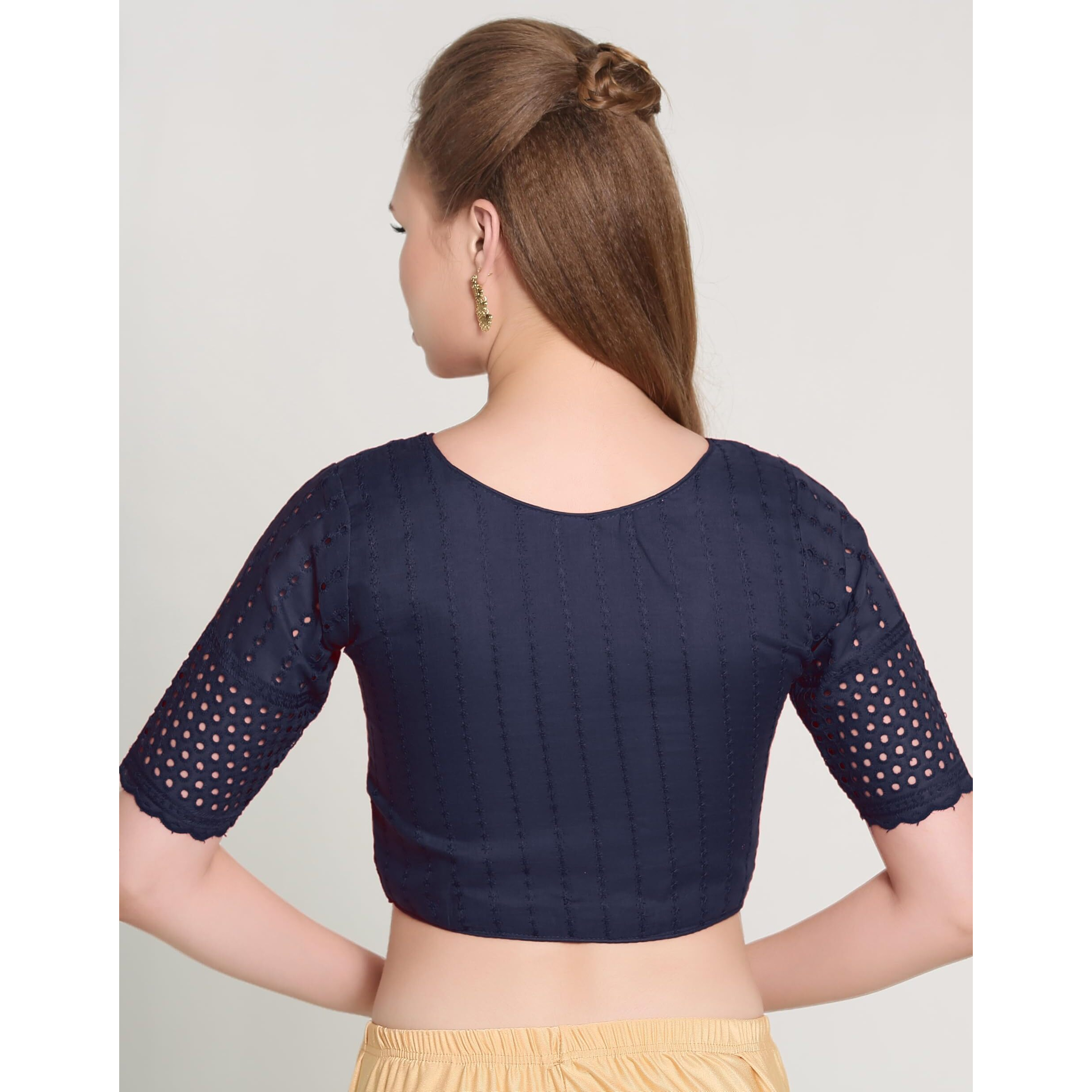 Pujia Mills Women's Trendy Hakoba Chikankari Work Half Sleeve Navy Blue Saree Blouse (Hakoba 13 Navy Blue_38)