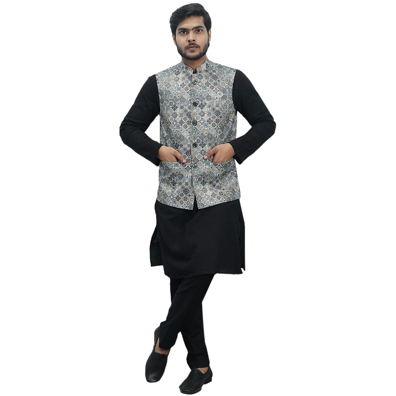 See Designs Men Black Kurta Pajama And Black Digital Print Cotton Nehru Jacket - Sd2Nj_24401M