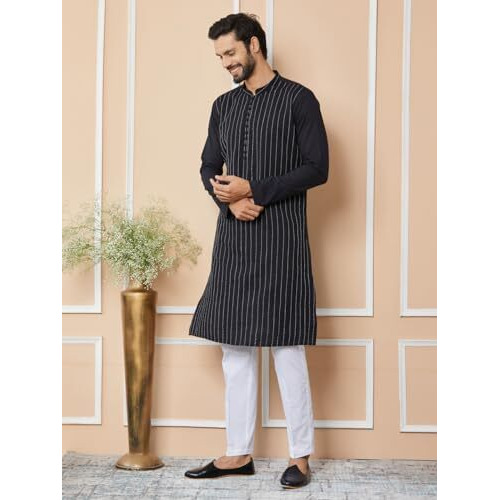 See Designs Men's Long Sleeve Mandarin Collar Side Slit Black Thread Worked Pure Cotton Straight Kurta - Sdkt2525L