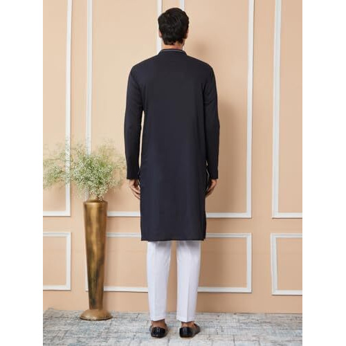 See Designs Men's Long Sleeve Mandarin Collar Side Slit Black Thread Worked Pure Cotton Straight Kurta - Sdkt2525L