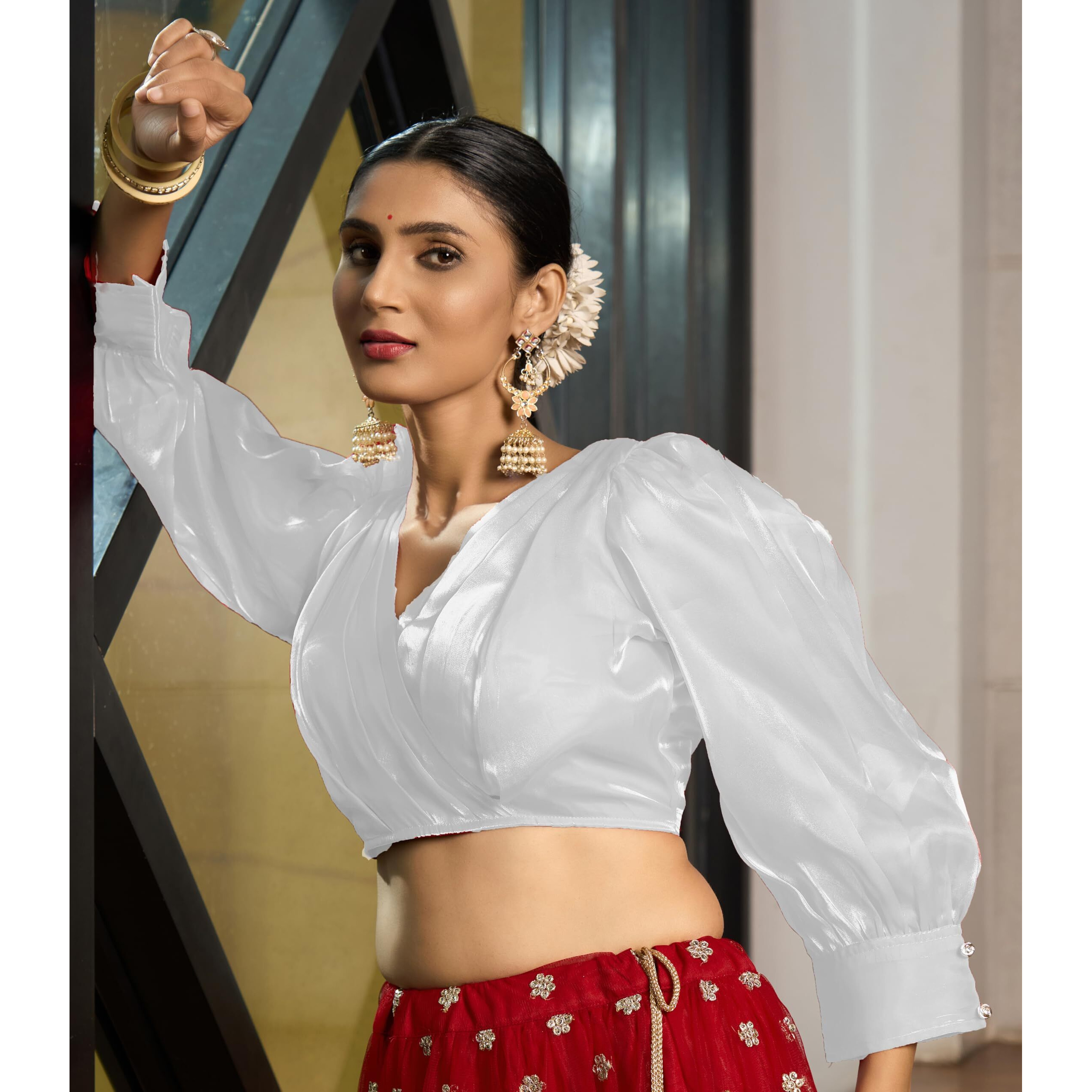 Pujia Mills Women's Rafale Silk Full Balloon Sleeve V Neck Blouse(Gangu) (White, 36)