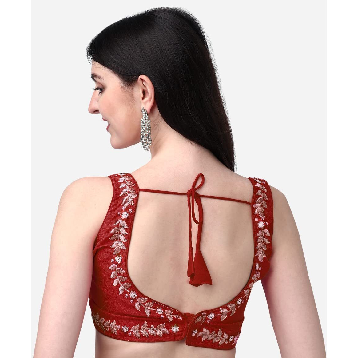 Pujia Mills Women's Silk Flower Embroidery Work Sleeveless Readymade Saree Blouse (Gk 51_Maroon_38)