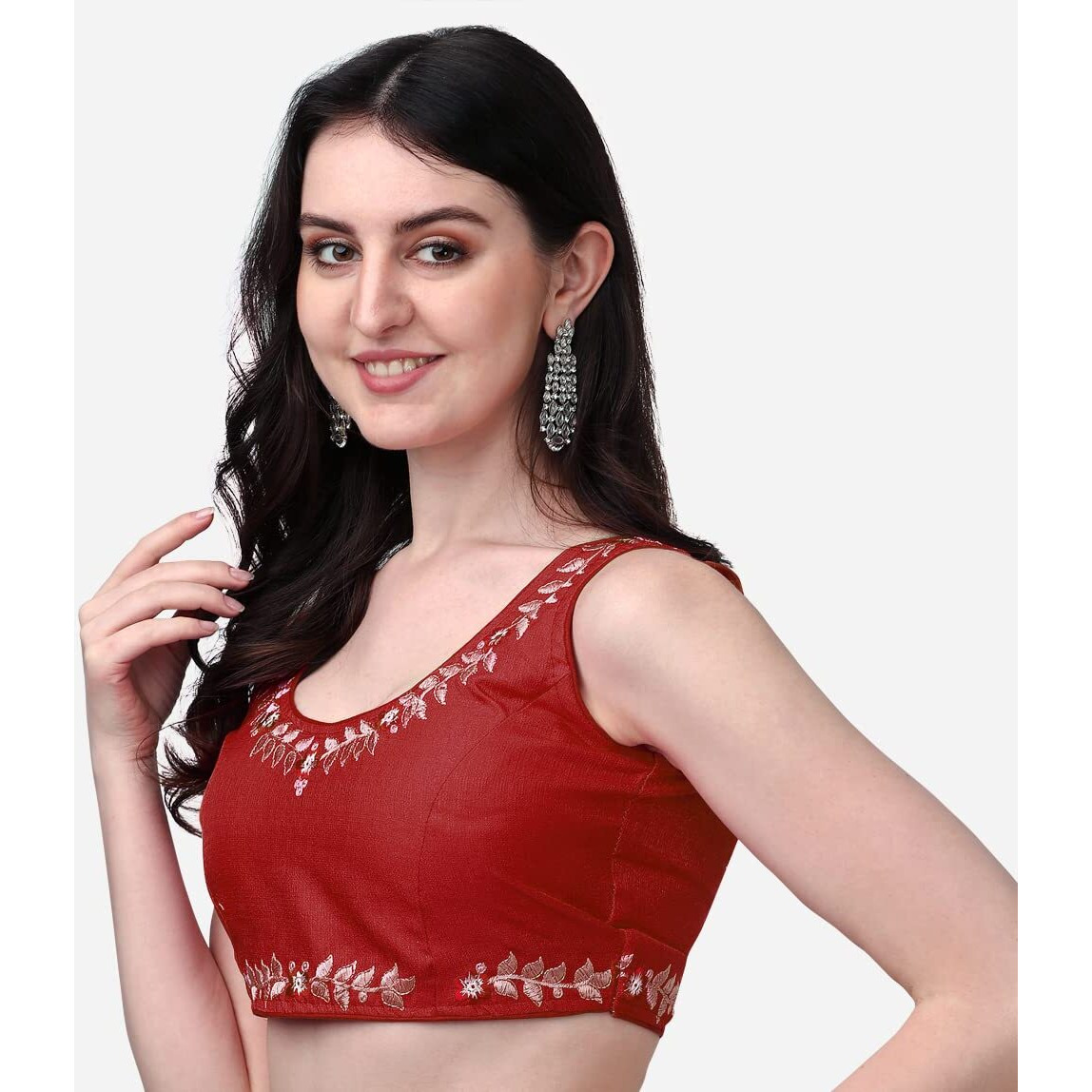 Pujia Mills Women's Silk Flower Embroidery Work Sleeveless Readymade Saree Blouse (Gk 51_Maroon_38)